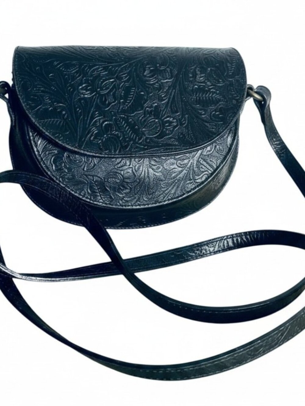 Nancy Bacich Tooled Leather Floral Shoulder Bag Black Brass Artisan Shoulder Bag